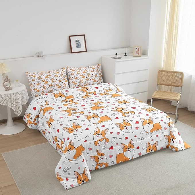 Feelyou Kids Kawaii Corgi Comforter Set Toddler Cute Dog All Season Down Comforter Boys Girls Cartoon Puppy Dog Bedding Set Lovely Animal Quilt Set Room Decor 2Pcs with 1 Pillow Case Twin Size - LeafyLoom
