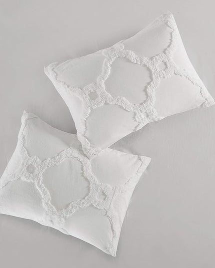 Madison Park Tufted Chenille Cotton Comforter, All Season Bedding Set, Matching Shams, Pacey Shabby Chic, Geometric Ogee Off White King/Cal King(104"x92") 3 Piece - LeafyLoom