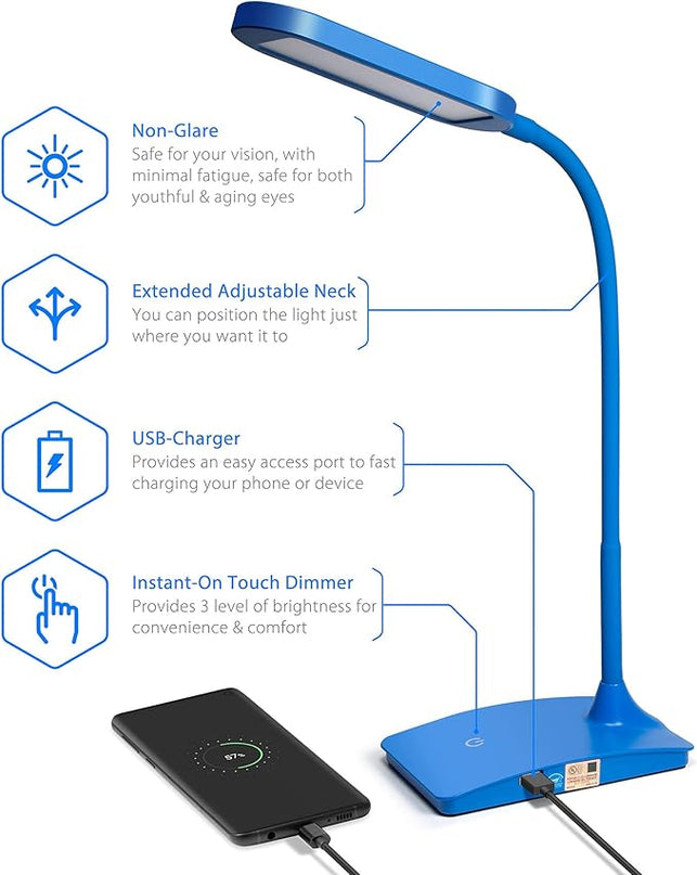Blue Desk Lamps for Home Office - Super Bright Small Desk Lamp with USB Charging Port, a Perfect LED Desk Light as Study Lamp, Bedside Reading Lights - LeafyLoom