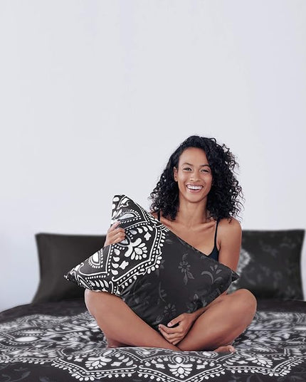 Comfort Spaces Bed in A Bag - Trendy Casual Design Cozy Comforter with Complete Sheet Set with Side Pocket, All Season Cover, Matching Shams, Twin XL (66 in x 90 in), Ava Medallion Black 6 Piece - LeafyLoom