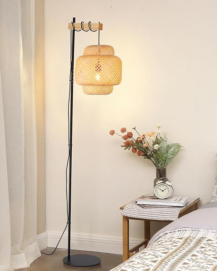 Unique Farmhouse Floor Lamp for Living room, Bedroom and Office, Original Handmade Bamboo Rattan Shade Tall Standing Light Black , Modern Vintage Rustic Rural Décor(No Bulbs) - LeafyLoom