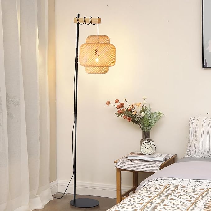 Unique Farmhouse Floor Lamp for Living room, Bedroom and Office, Original Handmade Bamboo Rattan Shade Tall Standing Light Black , Modern Vintage Rustic Rural Décor(No Bulbs) - LeafyLoom