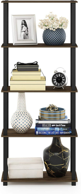 Furinno Turn-N-Tube 5-Tier Multipurpose Shelf / Display Rack / Storage Shelf / Bookshelf, Square Tubes, Columbia Walnut/Black - LeafyLoom