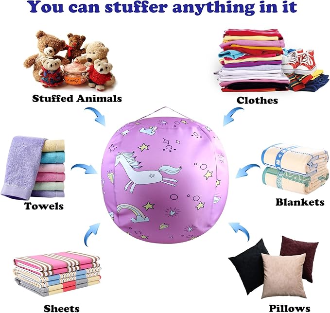 Stuffed Animal Storage Bean Bag Chairs Toy Storage Organizer Bean Bags Chair Covers Only for Kids 24" Beanbag with Zipper for Organizing Kid's and Adults Room, Pink White Unicorn - LeafyLoom