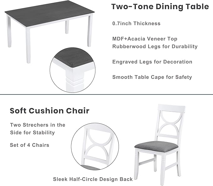 Kitchen Table and Chairs for 6, Rustic Style Dining Table Set, 6-Piece Rectangular Kitchen Table and 4 Upholstered Chairs & Bench for Dining Room, Living Room and Kitchen, Brown+Whitewash - LeafyLoom