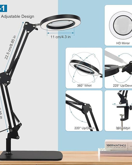 2-in-1 LED Magnifier Desk Lamp with Clamp,Magnifying Glass with Light and Stand,3 Color Modes Stepless Dimming, for Home Office Close Work, Repair, Crafts, Reading,Sewing - LeafyLoom