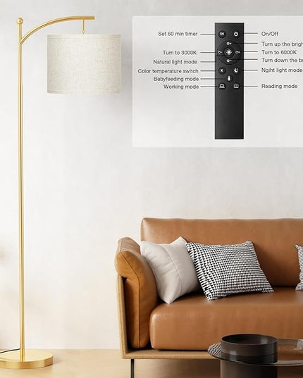 Ambimall Floor Lamp with Remote Control and Stepless Dimmable Bulb, Colors Temperature & Brightness Adjustable, Modern Floor Lamps for Living Room（Beige Shade & Gold Pole） - LeafyLoom