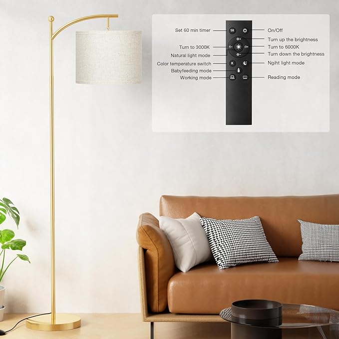 Ambimall Floor Lamp with Remote Control and Stepless Dimmable Bulb, Colors Temperature & Brightness Adjustable, Modern Floor Lamps for Living Room（Beige Shade & Gold Pole） - LeafyLoom