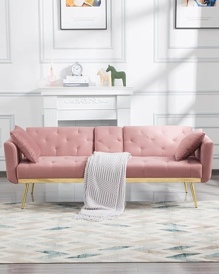 Living Room Furniture Sets 72.4" Mid-Century Modern Tufted Loveseat Sofa with Cup Holder/2 Pillows/Adjusting Backrest Small Comfy Couch for Bedroom, Apartment,Home Office, Sofá, Pink-1 - LeafyLoom