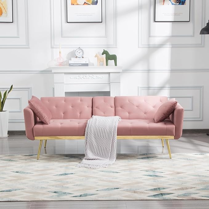 Living Room Furniture Sets 72.4" Mid-Century Modern Tufted Loveseat Sofa with Cup Holder/2 Pillows/Adjusting Backrest Small Comfy Couch for Bedroom, Apartment,Home Office, Sofá, Pink-1 - LeafyLoom