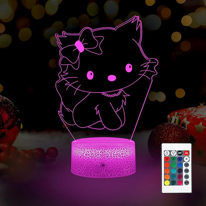 Cute Cat Night Light Anime Charater 16 Color Change Decor Kitty Lamp with Remote,Kitty Night Light Gifts for Christmas Birthday Boys Girls - LeafyLoom