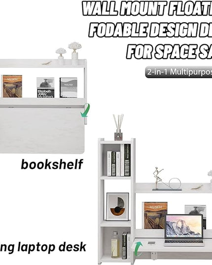 Pmnianhua Floating Desk,41'' Wall Mounted Desk Fold Down Laptop Desk Folding Space Saving Table Workstation with Storage Shelves for Bedroom Study Room Small Space (Off White-Left) - LeafyLoom
