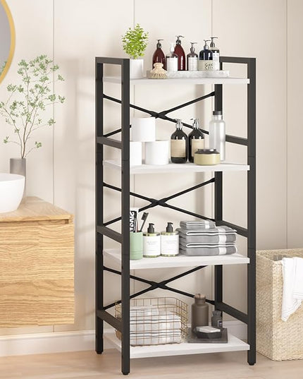 Yoobure 4 Tier Bookshelf - Small Book Shelf Industrial Bookcase, Narrow Book Case Book Storage Organizer for CD/Movie/Book, Bookshelves for Bedroom Office Living Room White - LeafyLoom