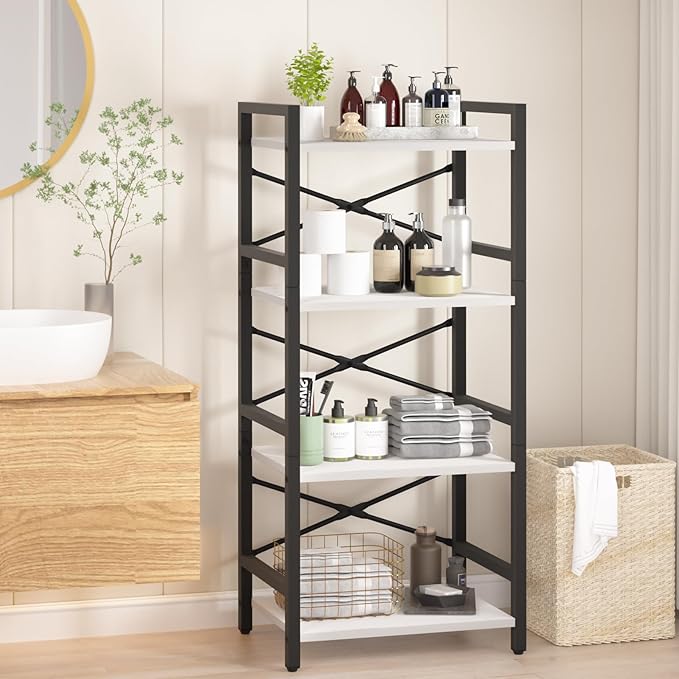 Yoobure 4 Tier Bookshelf - Small Book Shelf Industrial Bookcase, Narrow Book Case Book Storage Organizer for CD/Movie/Book, Bookshelves for Bedroom Office Living Room White - LeafyLoom