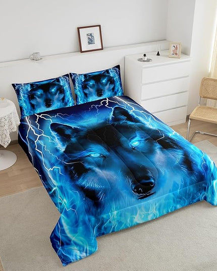 Feelyou Wolf Bedding Set Safari Animal Pattern Comforter Cool Wildlife Style Comforter Set for Boys Girls Kids Room Decor Glitter Blue Wild Wolf Lightweight Duvet Set Queen Size with 2 Pillow Case - LeafyLoom