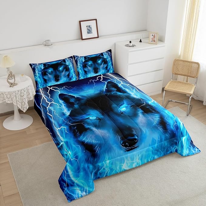 Wolf Bedding Set Safari Animal Pattern Comforter Cool Wildlife Style Comforter Set for Boys Girls Kids Room Decor Glitter Blue Wild Wolf Lightweight Duvet Set Full Size with 2 Pillow Case - LeafyLoom