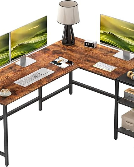 BANTI L Shape Computer Desk with Storage Shelf Study Writing Table for Home Office, Modern Simple Style PC Desk, Black Metal Frame - LeafyLoom