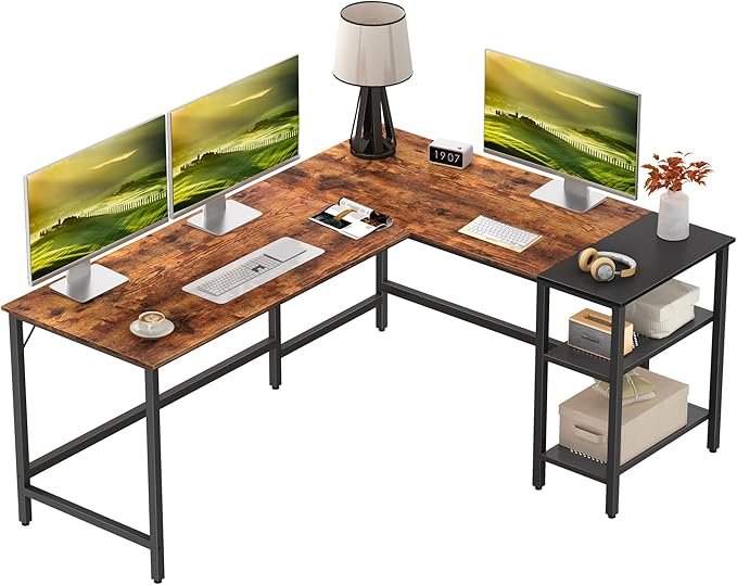 BANTI L Shape Computer Desk with Storage Shelf Study Writing Table for Home Office, Modern Simple Style PC Desk, Black Metal Frame - LeafyLoom
