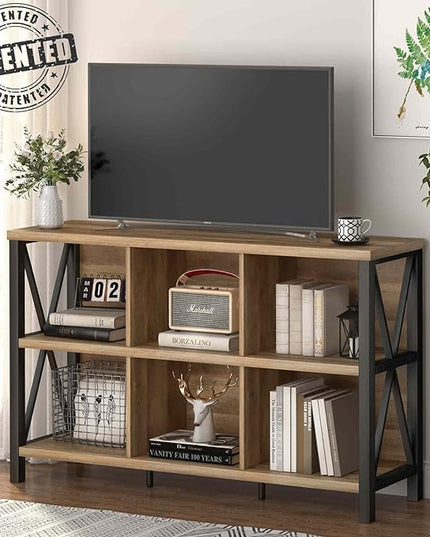 FATORRI 6 Cube Storage Organizer with Shelf, Long Wood and Metal Cubby Bookcase, Industrial Horizontal Bookshelf (Rustic Oak, 47 Inch) - LeafyLoom
