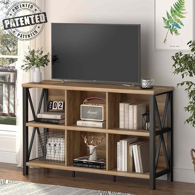 FATORRI 6 Cube Storage Organizer with Shelf, Long Wood and Metal Cubby Bookcase, Industrial Horizontal Bookshelf (Rustic Oak, 47 Inch) - LeafyLoom