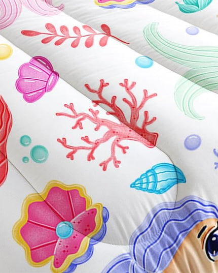 Mermaid Comforter Set Twin Size Fairy Tale Sea Shell Grass Bedding Set Starfish Quilt Bed Set for Kid Girls with 1 Comforter and 2 Pillowcases - LeafyLoom