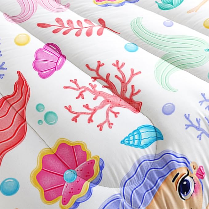 Mermaid Comforter Set Queen Size Fairy Tale Sea Shell Grass Bedding Set Starfish Quilt Bed Set for Kid Girls with 1 Comforter and 2 Pillowcases - LeafyLoom