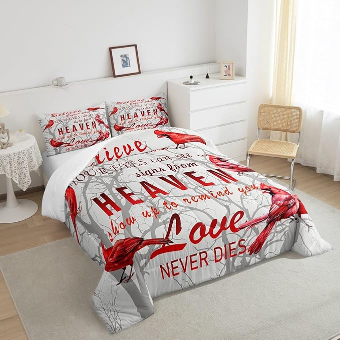 Cardinal Bird Comforter Set Queen Size Farmhouse Red Birds Bedding Set for Girls Boys Women Men Tree Branches Decor Comforter Nature Comforter with 2 Pillow Case - LeafyLoom