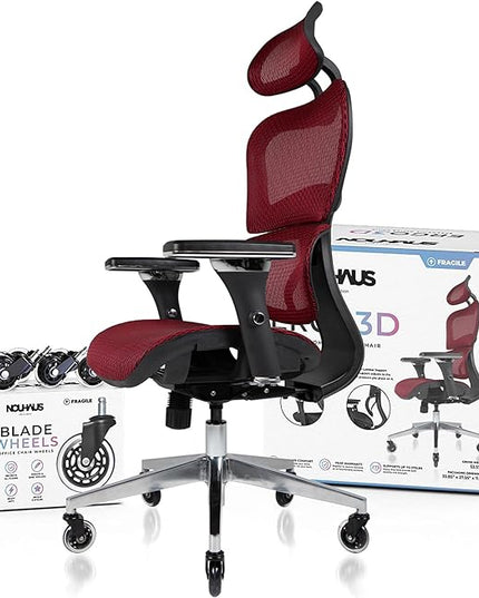 Nouhaus Ergo3D Ergonomic Office Chair Lumbar Support Mesh Office Chair with 4D Adjustable Armrest, Adjustable Headrest and Wheels, Mesh High Back Home Office Desk Chairs(Burgundy) - LeafyLoom