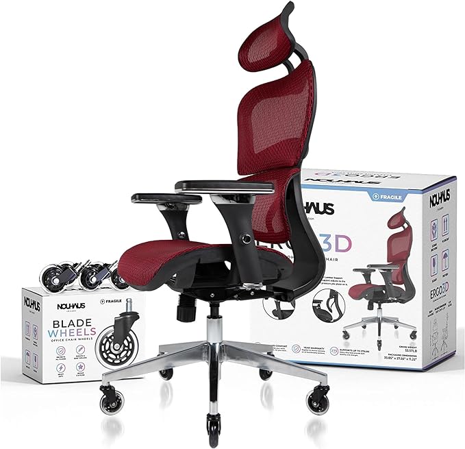 Nouhaus Ergo3D Ergonomic Office Chair Lumbar Support Mesh Office Chair with 4D Adjustable Armrest, Adjustable Headrest and Wheels, Mesh High Back Home Office Desk Chairs(Burgundy) - LeafyLoom
