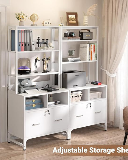 Homieasy File Cabinet with Charging Station, Vertical Filing Cabinet with Lock & Large Drawer, Printer Stand with Storage Shelves, Office Storage Cabinet fits Letter/A4/Legal Size, White - LeafyLoom
