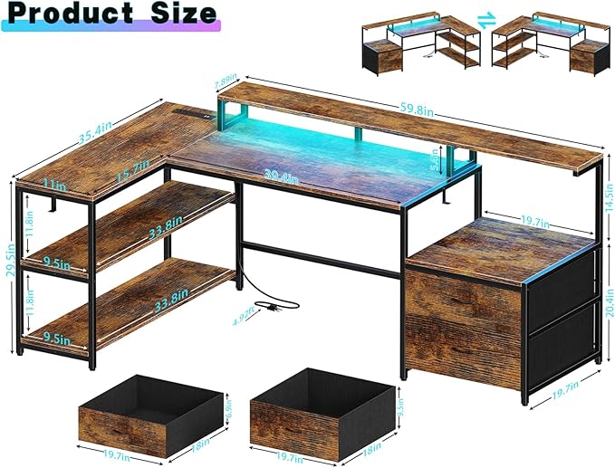 L Shaped Home Office Desk with File Drawes, Gaming Desk with Led Lights & Power Outlets, Reversible Office Desk Rustic Brown - LeafyLoom