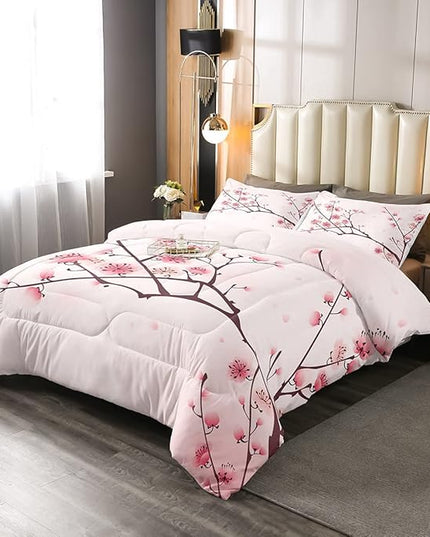 Erosebridal Cherry Blossoms Comforter Set King, Girl Pink Floral Down Comforter, Japanese Spring Bedding Set, Pale Pink Blossom Petal Quilted Duvet,Branch Floral Duvet Set for Women men,Girly Romantic - LeafyLoom