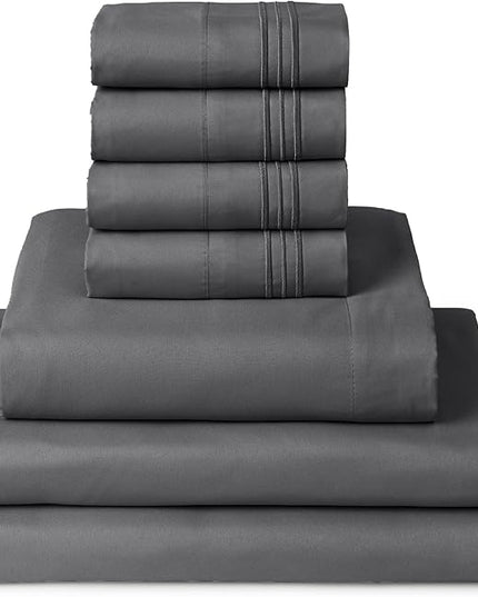 Mellanni Split King Sheets Set - 7 PC Iconic Collection Bedding Sheets & Pillowcases - Luxury, Ultra Soft, Cooling Bed Sheets - Deep Pocket up to 16 inch - 7 PC (Split King, Gray w/Extra Pillow Cases) - LeafyLoom
