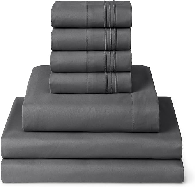 Mellanni Split King Sheets Set - 7 PC Iconic Collection Bedding Sheets & Pillowcases - Luxury, Ultra Soft, Cooling Bed Sheets - Deep Pocket up to 16 inch - 7 PC (Split King, Gray w/Extra Pillow Cases) - LeafyLoom