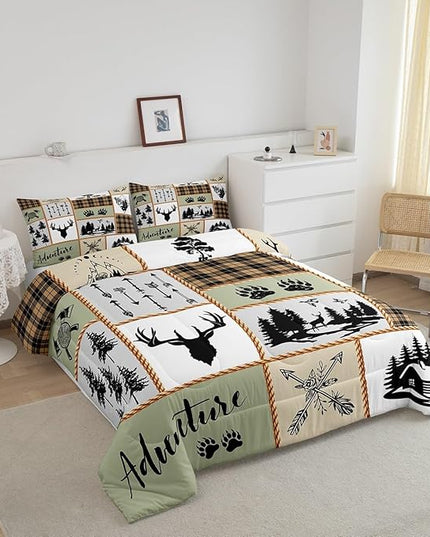 Camper Adventure Kids Comforter Set Queen Size,Deer Antlers Bear Paws Farmhouse Bedding Set for Boys Girls Adults Room Decor,Arrows Plaids Patchwork Down Comforter,Rustic Duvet Insert,2 Pillowcases - LeafyLoom