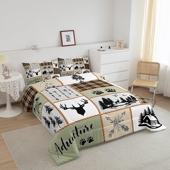 Camper Adventure Kids Comforter Set Queen Size,Deer Antlers Bear Paws Farmhouse Bedding Set for Boys Girls Adults Room Decor,Arrows Plaids Patchwork Down Comforter,Rustic Duvet Insert,2 Pillowcases - LeafyLoom