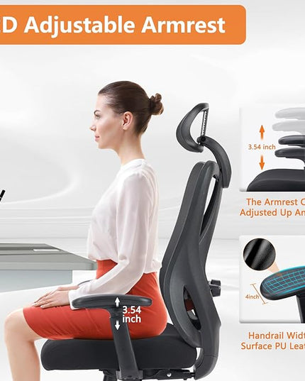 Sweetcrispy Ergonomic Office Desk Computer Chair, High Back Comfy Swivel Home Gaming Mesh Chairs with Wheels, Adjustable Lumbar Support, Headrest, Liftable 2D Arms,135° Tilt for Bedroom, Study, Black - LeafyLoom