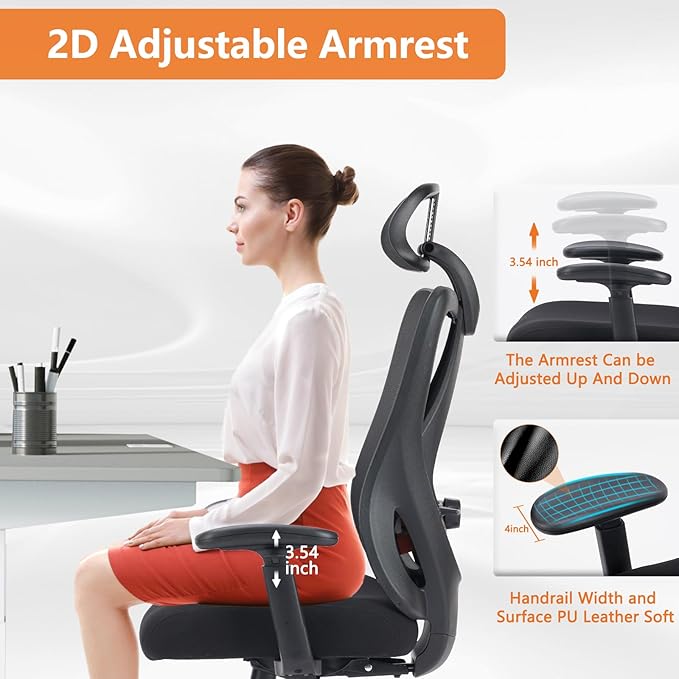 Sweetcrispy Ergonomic Office Desk Computer Chair, High Back Comfy Swivel Home Gaming Mesh Chairs with Wheels, Adjustable Lumbar Support, Headrest, Liftable 2D Arms,135° Tilt for Bedroom, Study, Black - LeafyLoom