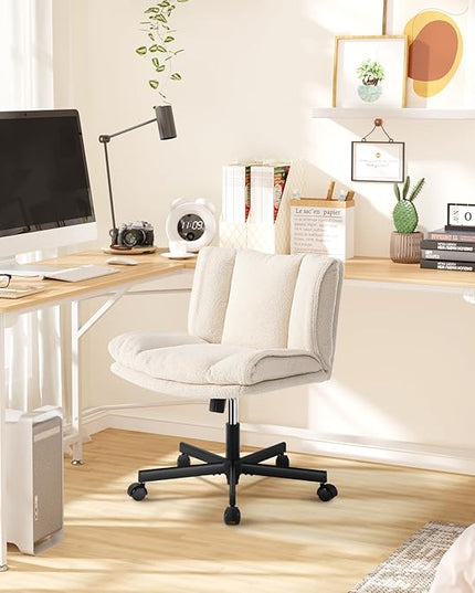 LEAGOO Armless Desk Chair, Office Chair with Wheels, Desk Chair with Furry, Modern Swivel Height Adjustable Office Chair with Wide Seat for Home, Office, Make Up, Bed Room - Cream White - LeafyLoom