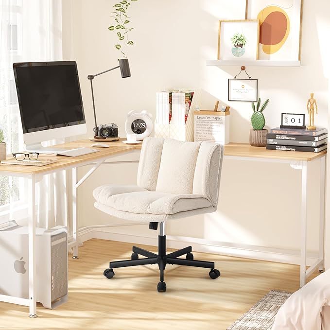 LEAGOO Armless Desk Chair, Office Chair with Wheels, Desk Chair with Furry, Modern Swivel Height Adjustable Office Chair with Wide Seat for Home, Office, Make Up, Bed Room - Cream White - LeafyLoom