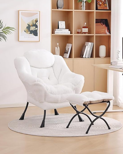 LITA Lazy Chair with Ottoman, Modern Accent Leisure Upholstered Sofa Chair, Lounge Reading Chair with Armrests and a Side Pocket for Living Room, Bedroom & Small Space, Plush White - LeafyLoom