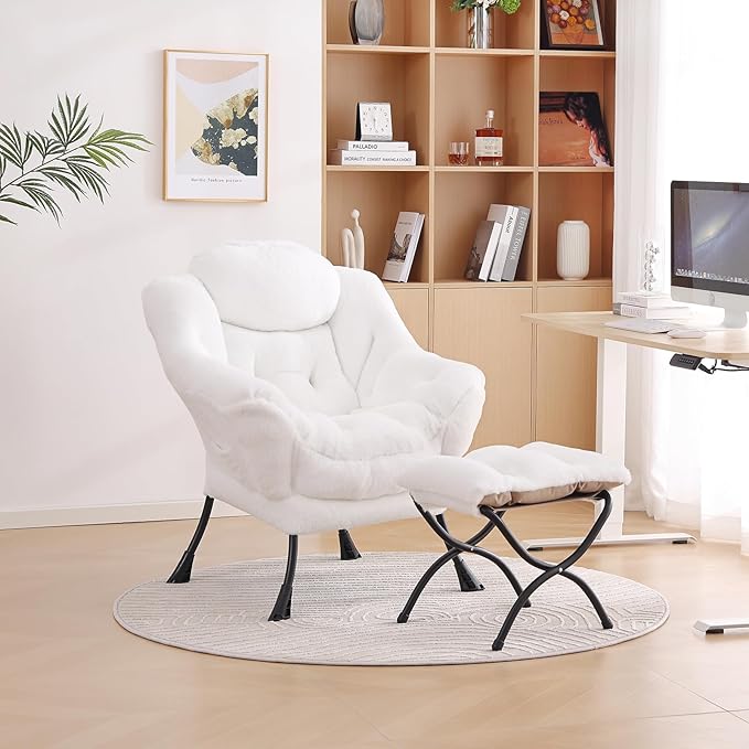 LITA Lazy Chair with Ottoman, Modern Accent Leisure Upholstered Sofa Chair, Lounge Reading Chair with Armrests and a Side Pocket for Living Room, Bedroom & Small Space, Plush White - LeafyLoom