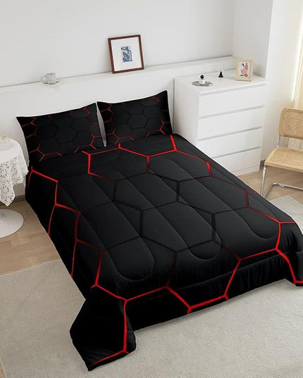 Honeycomb Bedding Set Honeycomb Modern Geometry Hexagon Theme Comforter Set for Kids Boys Children Geometrical Comforter Ultra Soft Beehive Black Red Decor Duvet Set Twin Size - LeafyLoom
