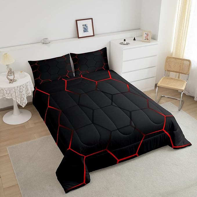 Honeycomb Bedding Set Honeycomb Modern Geometry Hexagon Theme Comforter Set for Kids Boys Children Geometrical Comforter Ultra Soft Beehive Black Red Decor Duvet Set Queen Size - LeafyLoom