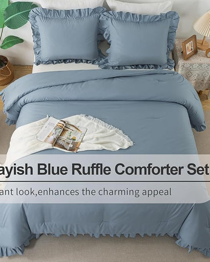Andency Grayish Blue Twin Size Comforter(66x90Inch), 2 Pieces(1 Ruffle Comforter and 1 Pillowcase) Solid Farmhouse Shabby Chic Comforter, Lightweight and Soft Microfiber Bedding Set for All Season - LeafyLoom
