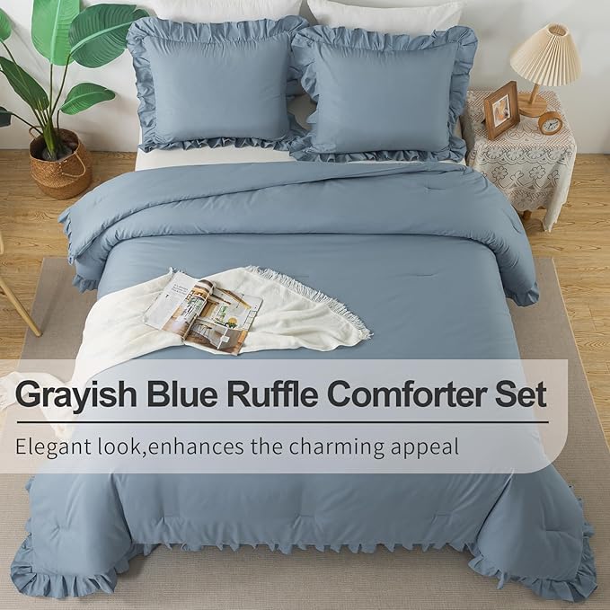 Andency Grayish Blue Twin Size Comforter(66x90Inch), 2 Pieces(1 Ruffle Comforter and 1 Pillowcase) Solid Farmhouse Shabby Chic Comforter, Lightweight and Soft Microfiber Bedding Set for All Season - LeafyLoom