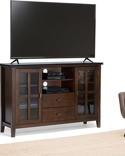 SIMPLIHOME Artisan SOLID WOOD Universal TV Media Stand, 53 inch Wide, Contemporary, Living Room Entertainment Center, Storage Shelves and Cabinets, for Flat Screen TVs up to 60 inches in Russet Brown - LeafyLoom