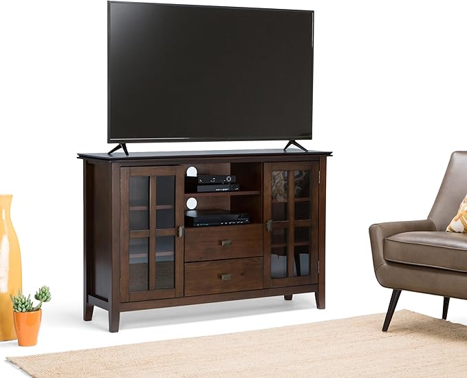SIMPLIHOME Artisan SOLID WOOD Universal TV Media Stand, 53 inch Wide, Contemporary, Living Room Entertainment Center, Storage Shelves and Cabinets, for Flat Screen TVs up to 60 inches in Russet Brown - LeafyLoom