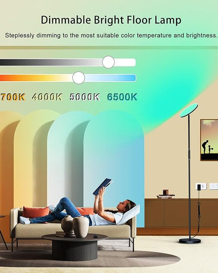LED Floor Lamp, 3600LM 36W RGB Standing Lamp with Multi-Color Light Scenes, Modern Torchiere Sky Lamp with Remote & Touch Control, 2700K-6500K Stepless Dimming Room Lamp for Living Room Bedroom Office - LeafyLoom