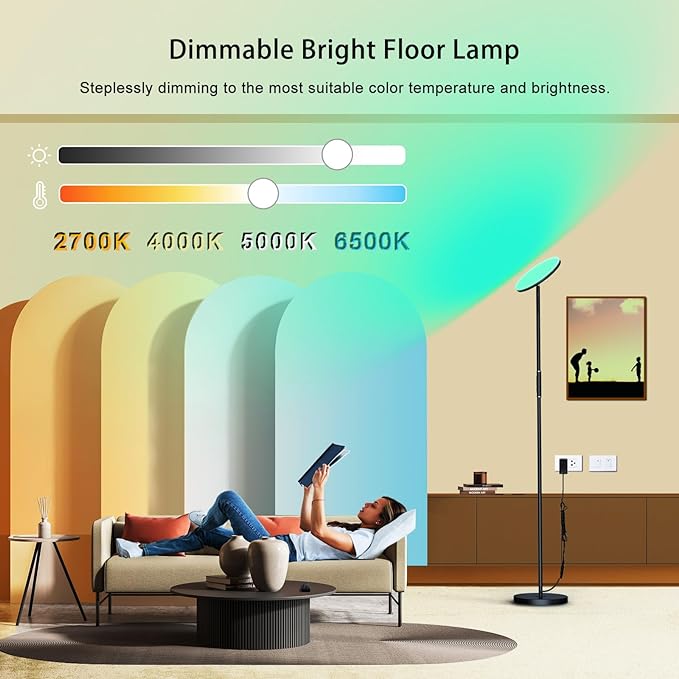 LED Floor Lamp, 3600LM 36W RGB Standing Lamp with Multi-Color Light Scenes, Modern Torchiere Sky Lamp with Remote & Touch Control, 2700K-6500K Stepless Dimming Room Lamp for Living Room Bedroom Office - LeafyLoom